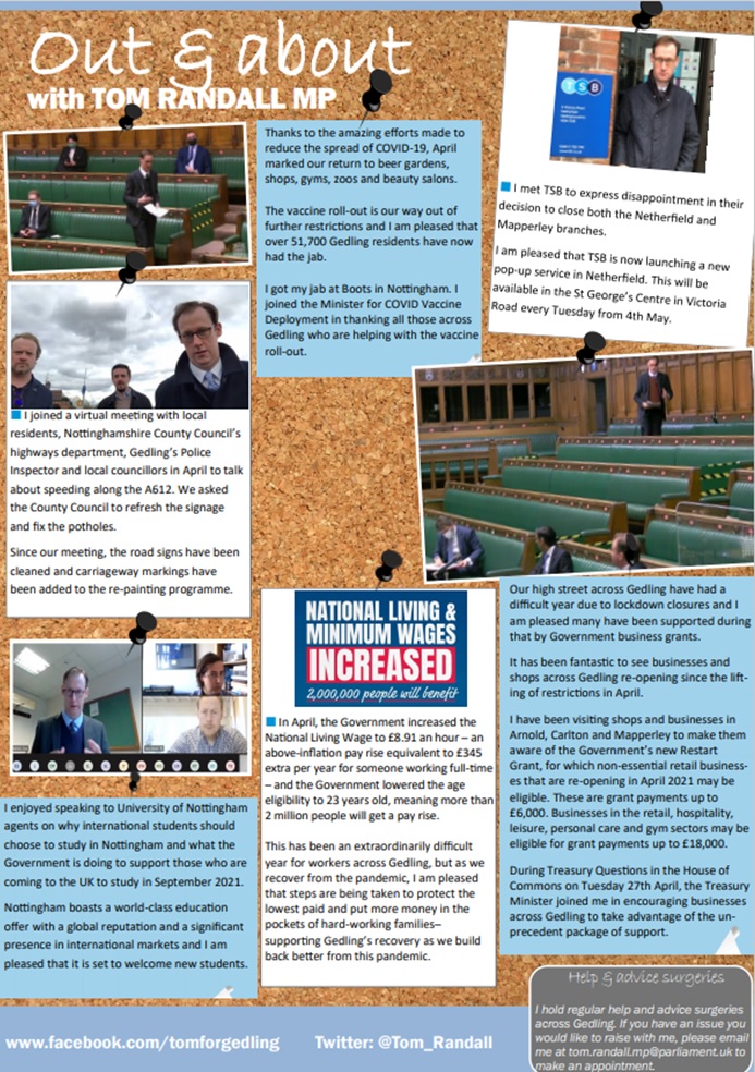 Back page of Tom Randall MP April report