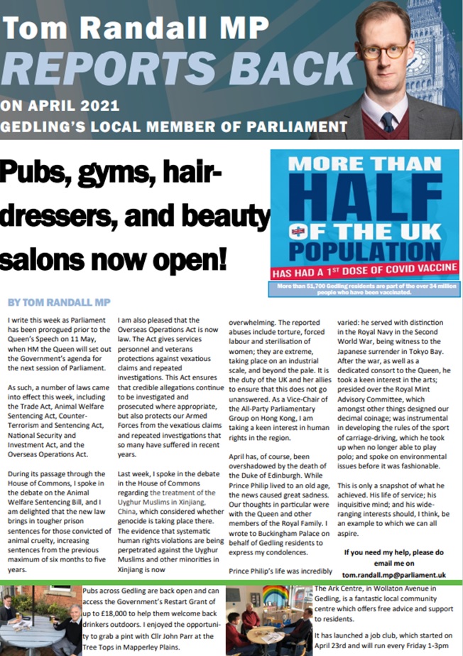 Front page of Tom Randall MP April report
