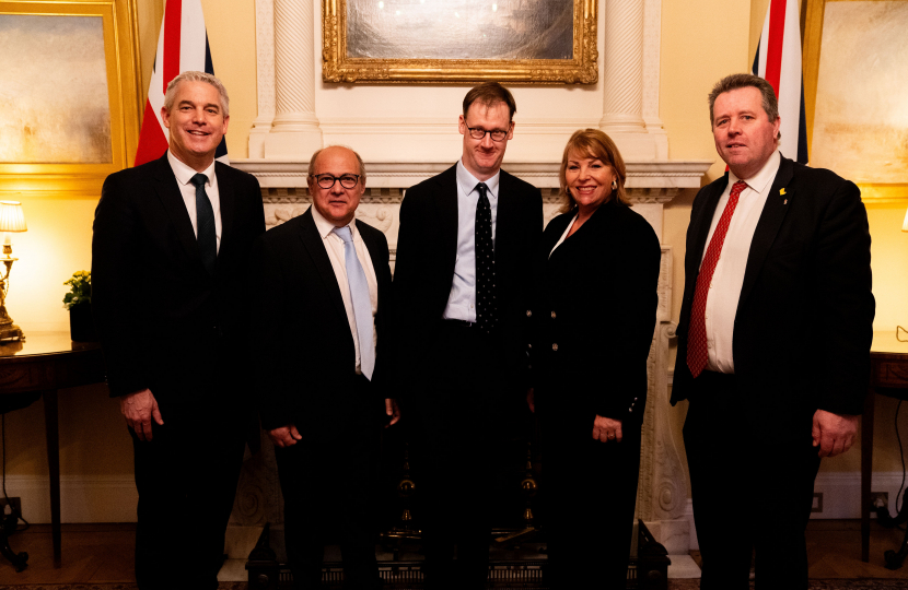 Secretary of State for Environment, Food and Rural Affairs, Rt Hon Steve Barclay MP, Luciano Vendone, Tom Randall MP, Sue Vendone and Rt Hon Mark Spencer MP in 10 Downing Street.
